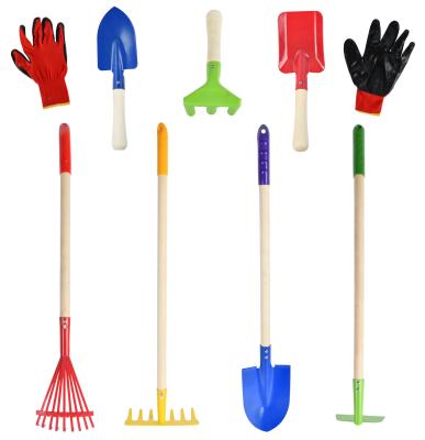 China DIY Tools Vertake Kids Metal Garden Tool Kit for 8 Pieces Handled Shovel Wood Rake for sale