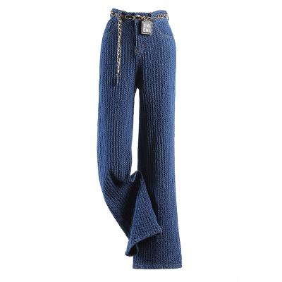 China Blue Knitted Anti-Wrinkle Denim Women Stretch Loose Wide Leg Pants Autumn Casual Straight High Waist Leg Pants for sale