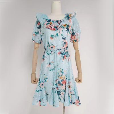 China Washable Jacquard Silk With Open Back In Short Sleeve Dress Print Ruffles Sashes Baby Blue Mini Dress for sale