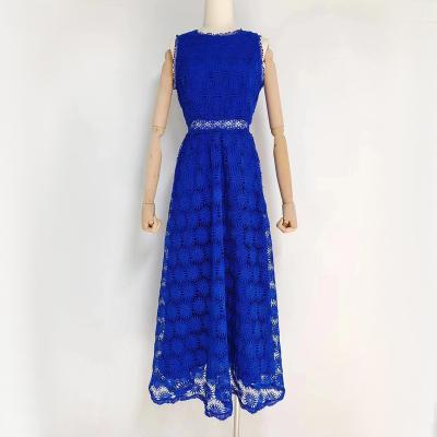 China Anti-static Casual Tiered Floral Lace Maxi Swing Dress Trendy Sleeveless Embellished Lace Dress for sale