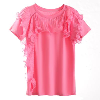 China Anti-wrinkle fine cotton T-shirts ruffles simple loose cute patchwork tee young girls T-shirt for sale