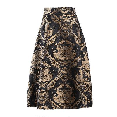 China Beautiful Breathable Formal Skirt Sophisticated Baroque Style Exposed Back Zipper Bouquet Jacquard Midi Fancy Gold Skirt for sale