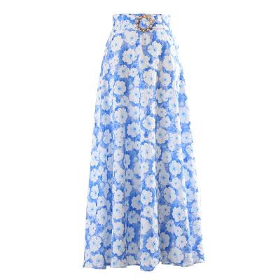 China Breathable Vintage Midi Skirts Jacquard New Casual High Waist Blue Maxi Flared Skirts Autumn And Winter for sale