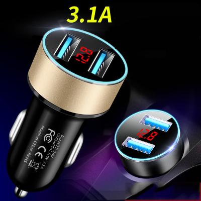 China Mini Aluminum Alloy 15W 3.1A Car Charger Dual USB Car Adapter with Blue LED for Mobile Phone for sale