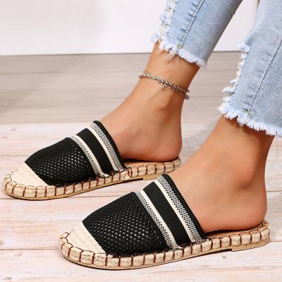 China Fashion Trend Plus Size Summer Women Soft Comfortable Straw Sole Flat Closed Toes Casual Sandals Stretch Cloth Slippers for sale