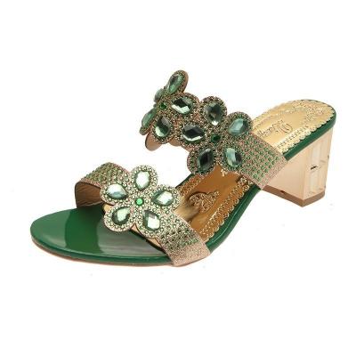 China Summer Women's Open Toe Slippers Green Leather Flower Lady Sandal Ladies Woman Shoe Sandals Lady PU Rhinestone Gold Toe Chunky Heel Slides SandalsFlat for sale