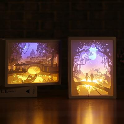 China 2019 New Style Theme Park Fashion Theme Park Night Paper Carving Lamp Shade Table With Frame Paper Night Light Birthday Gift for sale