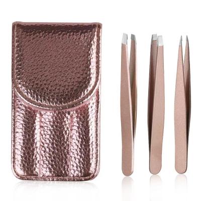 China 2022 Eco-friendly Amazon Stainless Steel 3pcs Eyebrow Tweezers Set For Women With Travel Leather Case for sale