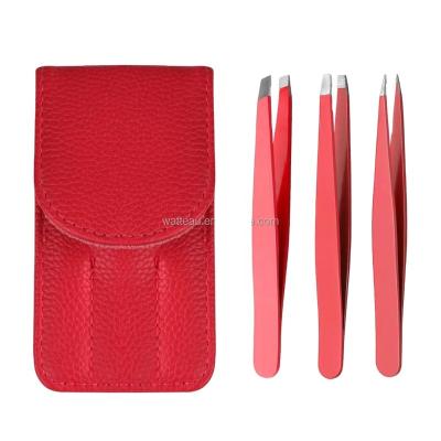 China 2022 Factory Price Eco-friendly Private Label 3pcs Stainless Steel Rose Eyebrow Tweezers Red Set for sale