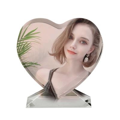 China Folk Art Sublimation Blank Crystal Glass Photo Frame Heart Shaped Valentine's Day Gift for sale