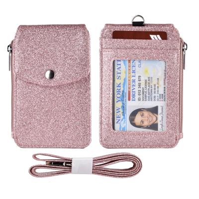 China PU Leather 2-Sided ID Badge Holder Wallet with 1 ID Window, 3 Card Slots with Cover, 1 Side Zipper Coin Pocket, 1 Piece 18 Neck, 1