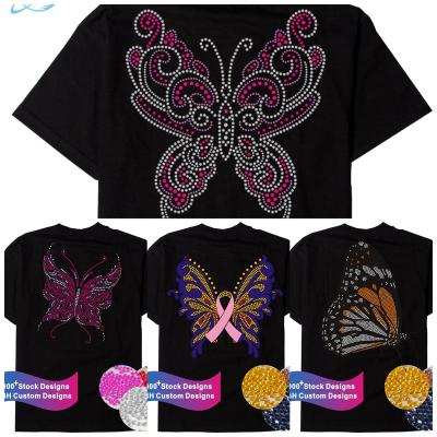 China Beautiful Flatback Fashion Butterfly With Ribbons Iron On Pattern Rhinestone Heat Transfer For T Shirt for sale