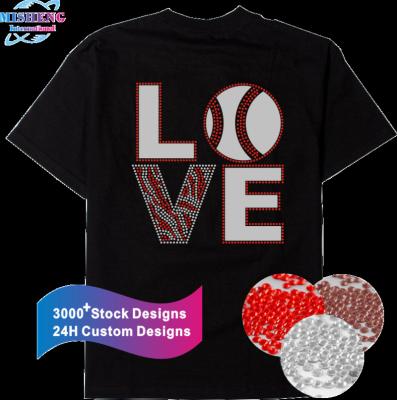 China Stock Flatback Baseball Mom Heart Rhinestone Transfer Iron On Transfer Designs With Shirt for sale