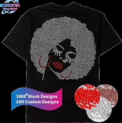 China Flatback Black Lady Custom Afro Beautiful Girl Iron On Hot Pattern Fix Rhinestone Transfer Designs For T Shirt for sale