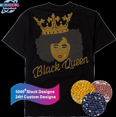 China Beautiful Flatback Black Queen Custom Afro Girl Iron On Hot Pattern Fix Rhinestone Transfer Designs For T Shirt for sale