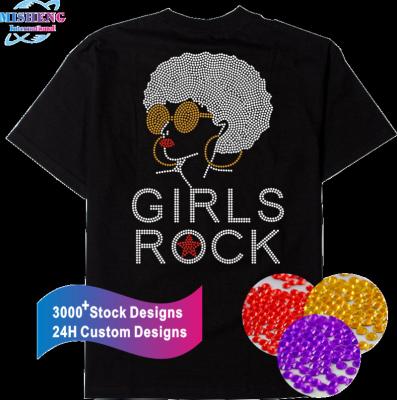 China Custom Beautiful Flatback Girl Rock Afro Girl Iron On Hot Pattern Fix Rhinestone Transfer Designs For T Shirt for sale