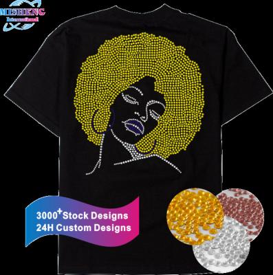 China Wholesale Custom Beautiful Flatback Afro Girl Iron On Pattern Hot Fix Rhinestone Transfer For T Shirt for sale