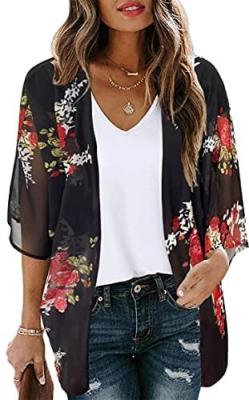 China Women's Breathable Floral Print Puff Sleeve Kimono Cardigan Loose Cover Up Casual Blouse Tops for sale