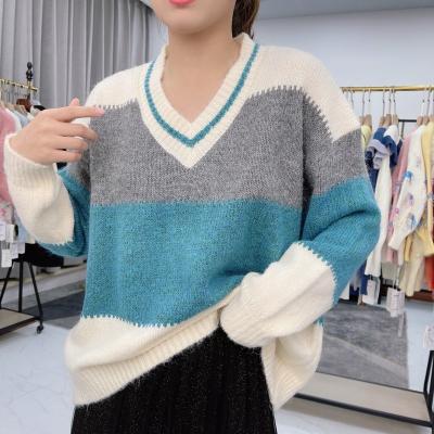 China Plus Size Autumn And Winter New V-Neck Contrast Color Loosen Big Size Lazy Style Chunky Sweater For Women for sale