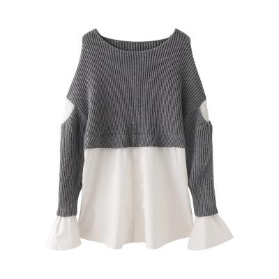 China Others new autumn and winter round neck knitted shirt women's Korean version hole stitching tops women's loose long for sale