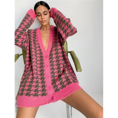 China Factory direct supply hot sale anti-pilling cardigan long sleeve plus size knit plaid sweater women for sale