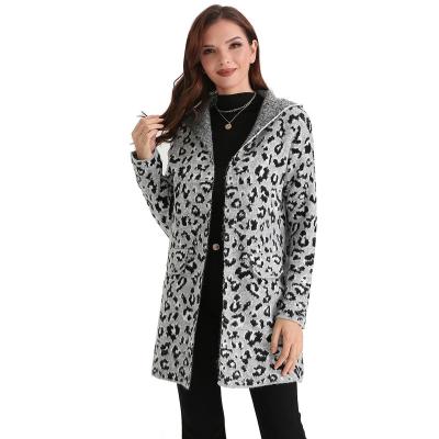 China Anti Shrink Women Knit Leopard Jacquard Cardigan Long Sleeve Hooded Loose Sweater Coat for sale