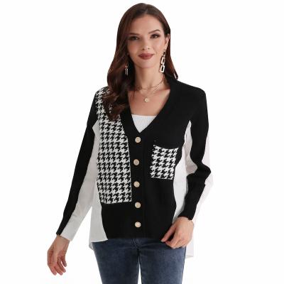 China QUICK DRY Women's V-Neck Button Stitching Houndstooth Knit Loose Cardigan Sweater Long Sleeve Coat for sale