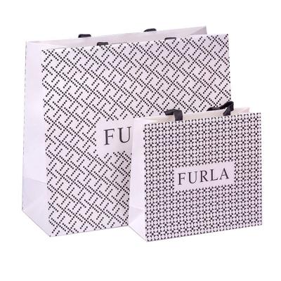 China Custom Luxury Brand White Shopping Logo Recyclable Coated Ribbon Handle Paper Bags for sale