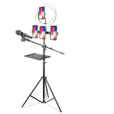 China 10 Inch Selfie Led Ring Light with 210cm 3 Cell Phone Standing Holder and Microphone Stand Sound Card Tray for Makeu Camera ZMLD114 for sale