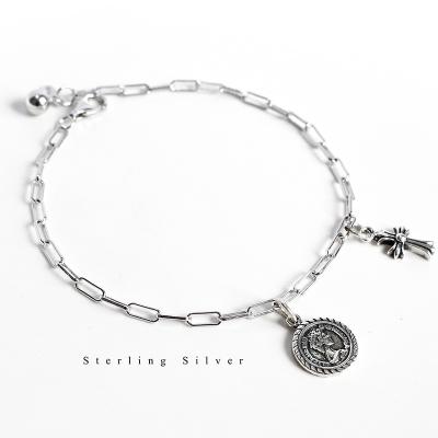 China Retro Personality Trendy Korean Women's Trendy Ins Version Coin Portrait Bracelet 925 Sterling Silver Cross Bracelet for sale