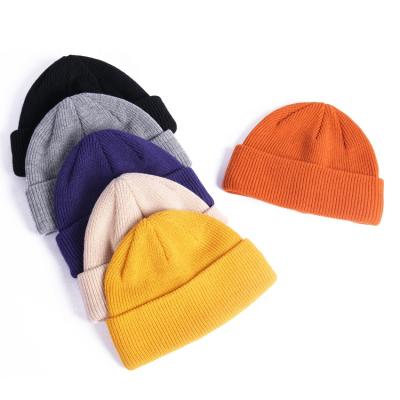 China Custom Colorful JOINT Logo Blank Black Polyester Recycled Acrylic Knit Beanies Winter Fisherman Beanie Hat For Men for sale