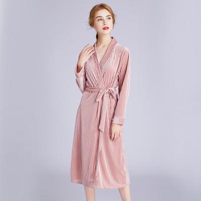 China Sexy Sleepwear Women Autumn Winter Pink Velvet Breathable Women's Bathrobe Kimono Long Dressing Gown Wedding Bride Bridesmaid Embroidery Long Robe for sale