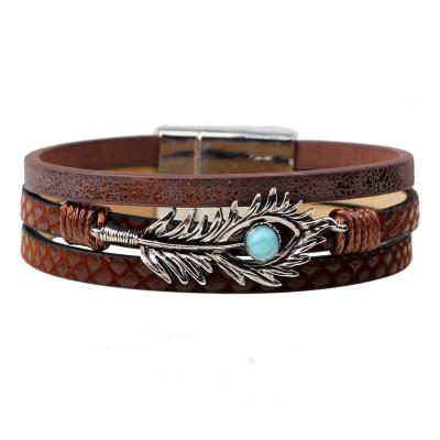 China High Quality Three Layer Alloy Leather Feather Inlay Turquoise Design For Fashion Women Leather Bracelet With Magnetic Clasp for sale