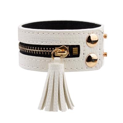 China Fashion Lady Fashion Metal Zipper Cuff Korean Simple Design Buckle Leather Wide Leather Bracelet For Women for sale