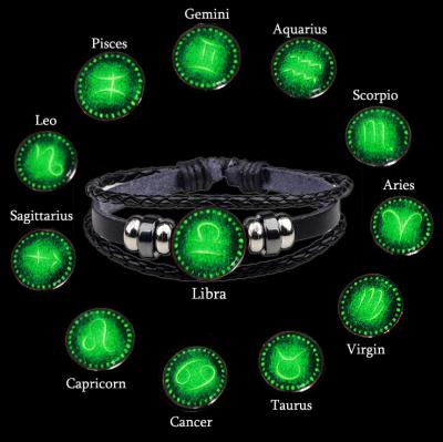 China Couple New Mulit-Layers 12 Zodiac Button Design Handmade Braided Leather Bracelets Luminous Glass Alloy Bracelets Couples Bracelets for sale