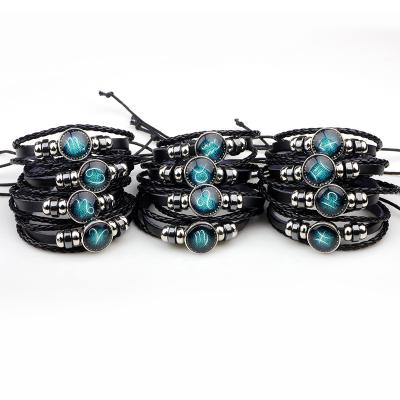 China Couple Fashion Braided 12 Zodiac Designs Button Glass Bracelets Couple Alloy Handmade Weave Beaded Zodiac Leather Bracelets for sale