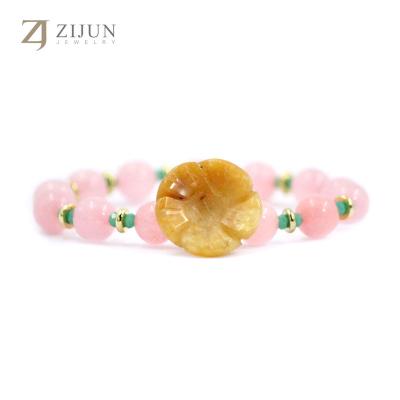 China The Rose of Jade Novelty Charm Bracelets 8MM Bead Jade Carving Flower Gold Natural Jewelry for Wife Gift for sale