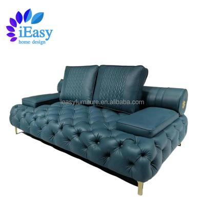 China Other iEasy American modern Living Room Furniture Chesterfield Sofa set 3 seater design blue button tufted leather chesterfield sofa for sale