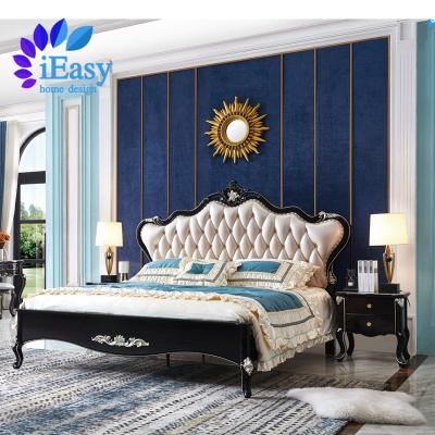 China Adjustable (other) iEasy Foshan european solid wood custom bedroom furniture chesterfield headboard real leather up-holstered beds king size bed for sale