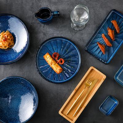 China Sustainable 2021 New Arrival Dinner Set Dinnerware Porcelain Blue For Restaurants Serving Dishes Dinner for sale