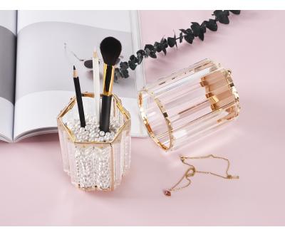 China High quality gold pen glass holder set for household cosmetics lipstick holder metal vase glass holder for hotel for sale