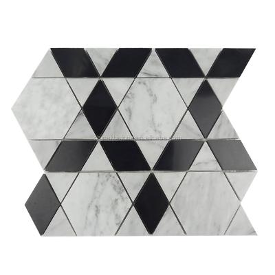 China Parquet Carrara Jade Marble Bathroom Design Basket Weave White Mosaic Slab With Black Marble Dots for sale