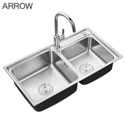 China ARROW Kitchen Sink Undermount Double Bowl 304 Stainless Steel Brushed Restaurant Sinks With 2 Holes for sale