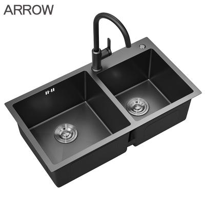 China ARROW Black Kitchen Sink Stainless Steel Double Bowl Undermount Handmade Kitchen Sinks for sale