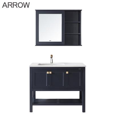 China ARROW Bathroom Cabinet Solid Wood Mirror Wash Basin Black Bathroom Vanity Combo Floorstanding for sale