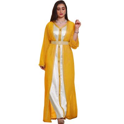 China Muslim Dress 2022 New Fashion Design Atmosphere Elegant Slim Waist Belt Muslim Long Sleeve Dress Printed Long Open Front Kaftan Dress for sale