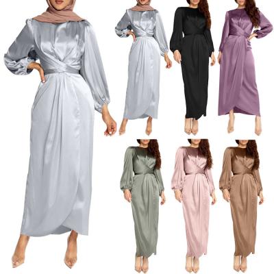 China Muslim Abaya Dress Long Sleeve Muslim Dress Design 2022 New For Women Ladies K New Style Round Neck Waist Adjustable Lace Applique Embroidery Modest for sale