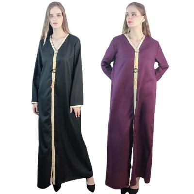 China 2022 new fashion design lace long sleeve solid color design abaya kaftan popular muslim abaya long sleeve islamic clothing women dress for sale