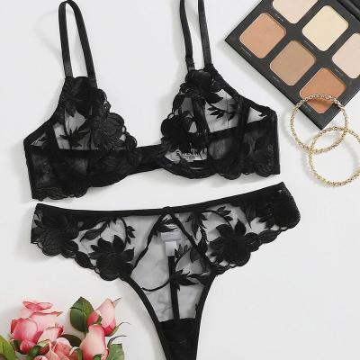 China Seamless Adjustable Black Sheer Lace Sexy Underwear Set With Underwire Slimming Ultra Mesh Sexy Lingerie Bra Set For Women for sale