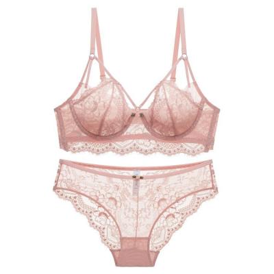 China Seamless Breathable Women Sexy Underwear Lace Bra Set Ultra Thin French Cup Lift Up Transparent Bra And Panties Set for sale